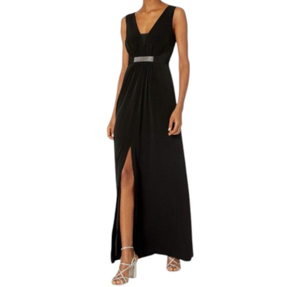 Halston Heritage Black V-Neck Prom Gown with Silver Waist Detail